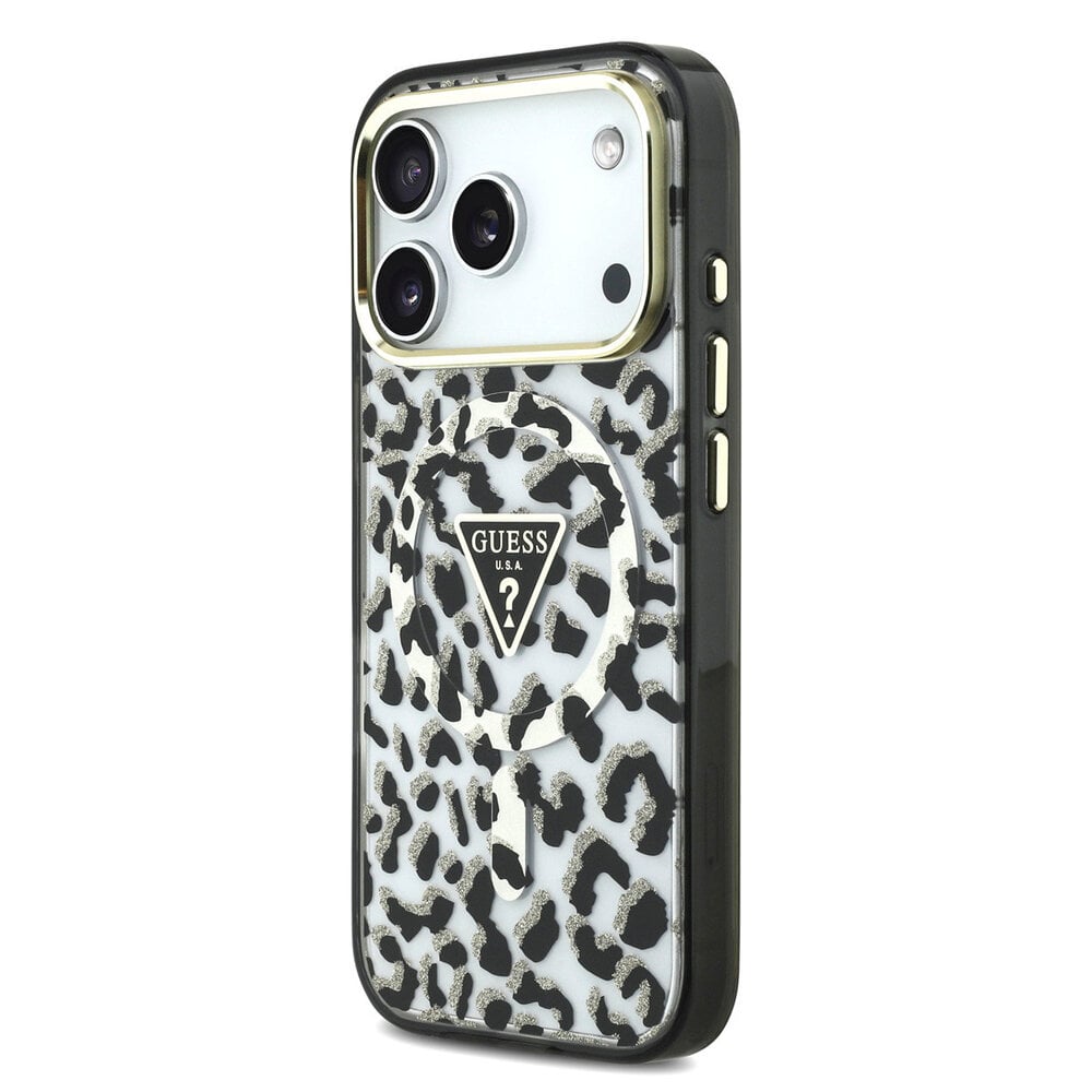 Guess Guess iPhone 18 Pro Back cover case - HC Magsafe IML Leopard Glitter Triangle Logo - Black Guess Guess iPhone 18 Pro Back cover case - HC Magsafe IML Leopard Glitter Triangle Logo - Black