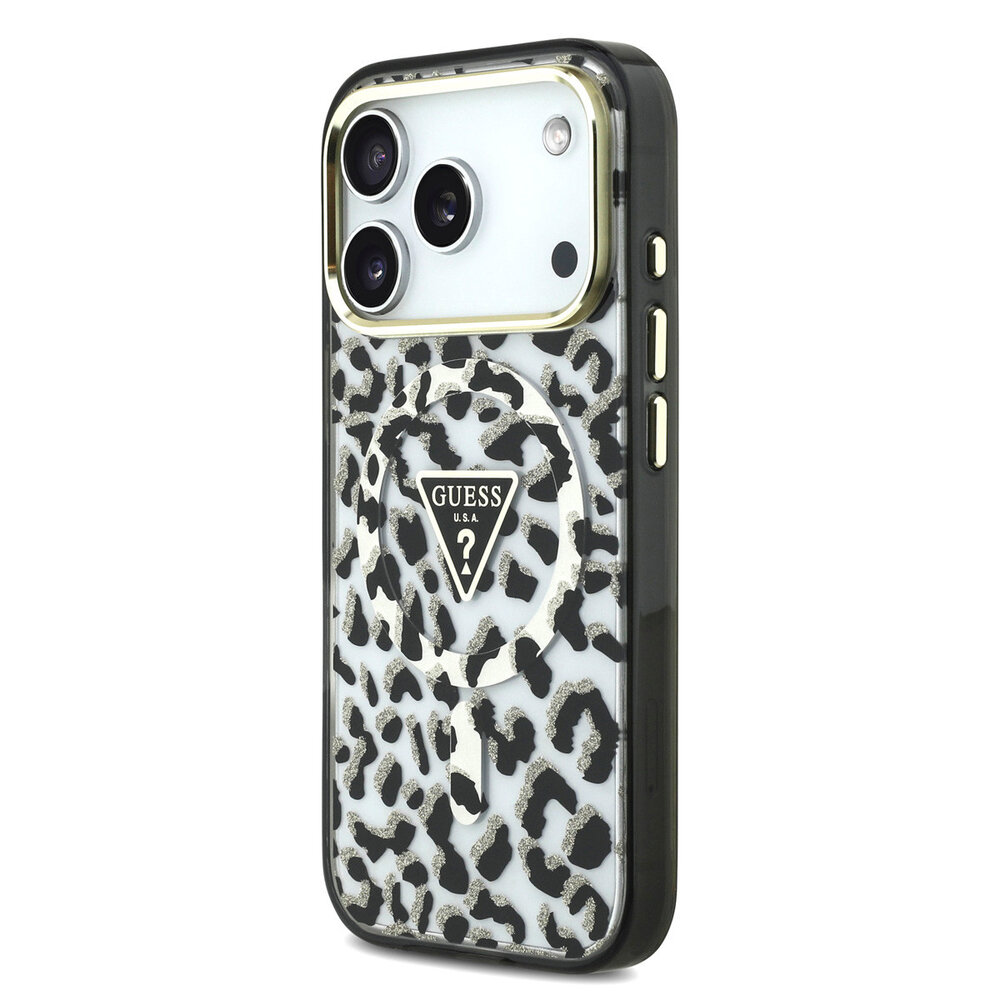 Guess Guess iPhone 18 Pro Back-Cover hul - HC Magsafe IML Leopard Glitter Triangle Logo - Schwarz Guess Guess iPhone 18 Pro Back-Cover hul - HC Magsafe IML Leopard Glitter Triangle Logo - Schwarz