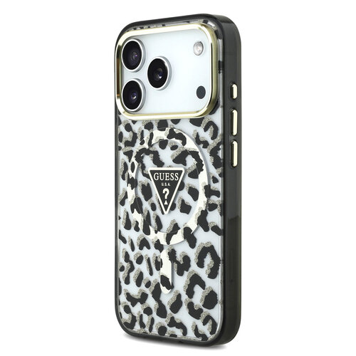 Guess Guess iPhone 18 Pro/iPhone 17 Pro Hartschalenhülle MagSafe IML Leopardenmuster Glitzer Dreieckiges Logo - Schwarz