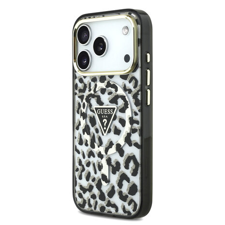 Guess Guess iPhone 18 Pro Back cover case - HC Magsafe IML Leopard Glitter Triangle Logo - Black Guess Guess iPhone 18 Pro Back cover case - HC Magsafe IML Leopard Glitter Triangle Logo - Black