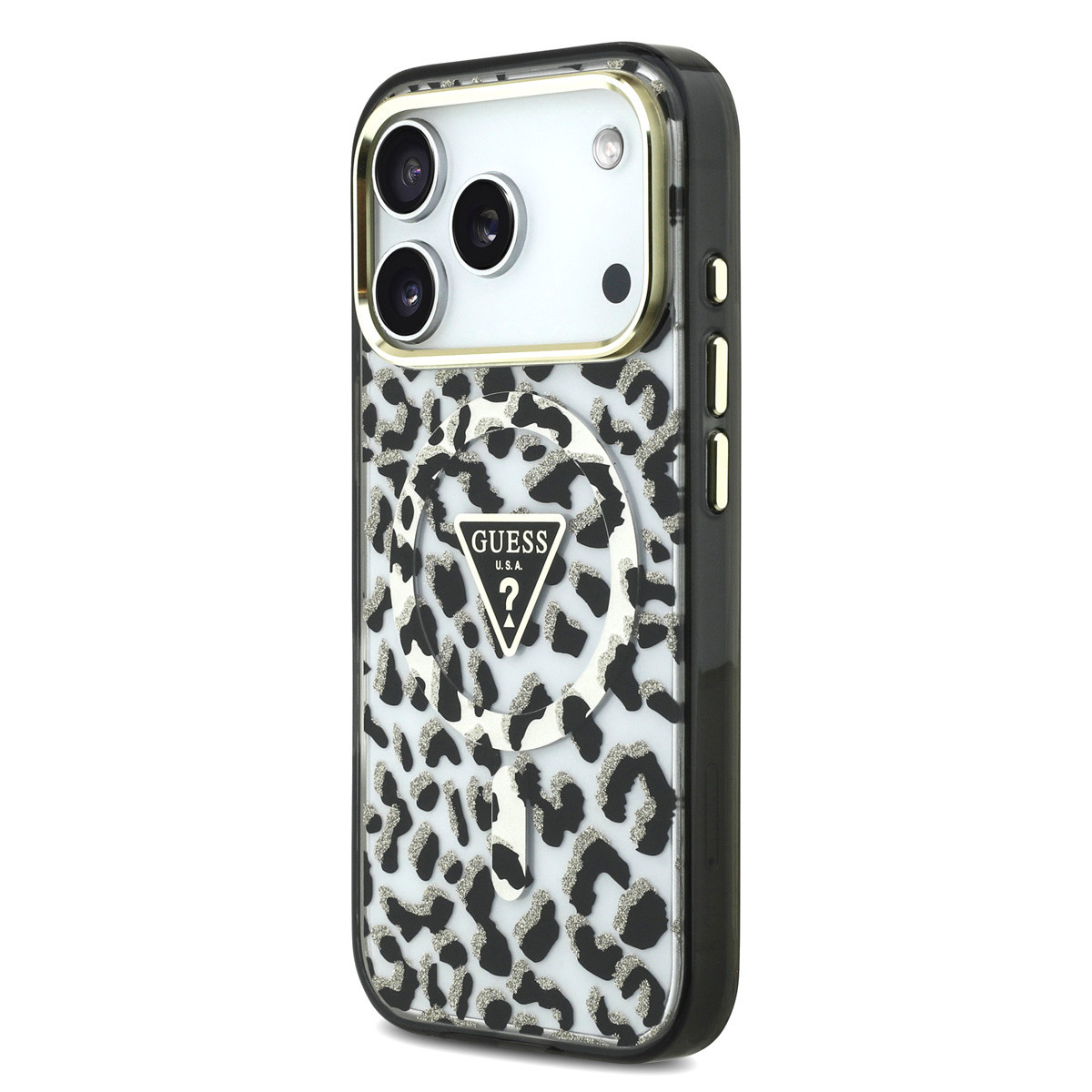 Guess Guess iPhone 18 Pro Backcover hoesje - HC Magsafe IML Leopard Glitter Triangle Logo - Zwart, foto 2 van 6