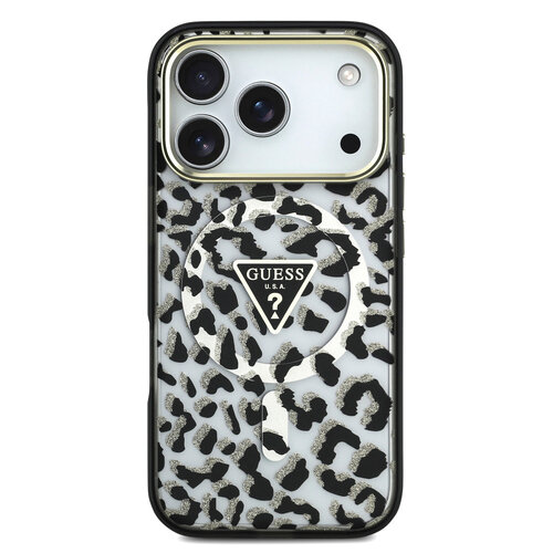 Guess Guess iPhone 18 Pro/iPhone 17 Pro Hardcasehoesje MagSafe IML Luipaardpatroon Glitter Driehoekig logo - Zwart