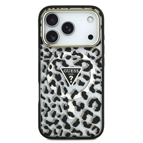 Guess Guess iPhone 18 Pro Back-Cover hul - HC Magsafe IML Leopard Glitter Triangle Logo - Schwarz Guess Guess iPhone 18 Pro Back-Cover hul - HC Magsafe IML Leopard Glitter Triangle Logo - Schwarz
