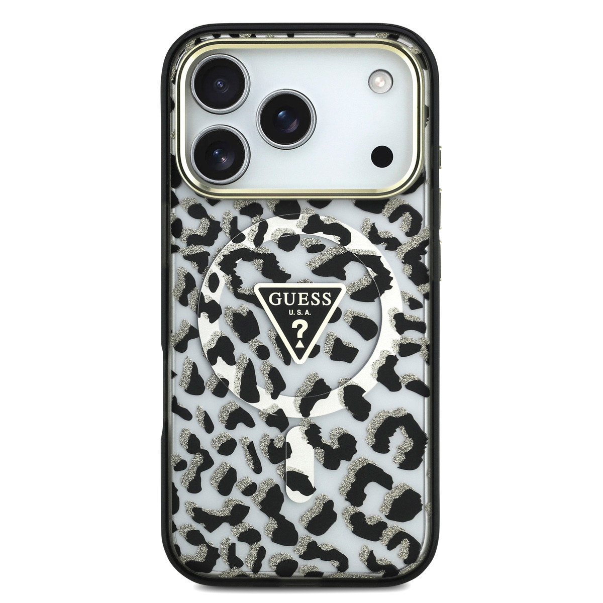 Guess Guess iPhone 18 Pro Backcover hoesje - HC Magsafe IML Leopard Glitter Triangle Logo - Zwart, foto 3 van 6
