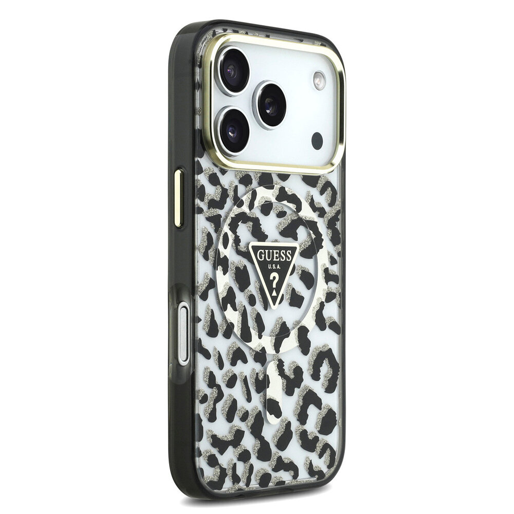 Guess Guess iPhone 18 Pro Back-Cover hul - HC Magsafe IML Leopard Glitter Triangle Logo - Schwarz Guess Guess iPhone 18 Pro Back-Cover hul - HC Magsafe IML Leopard Glitter Triangle Logo - Schwarz