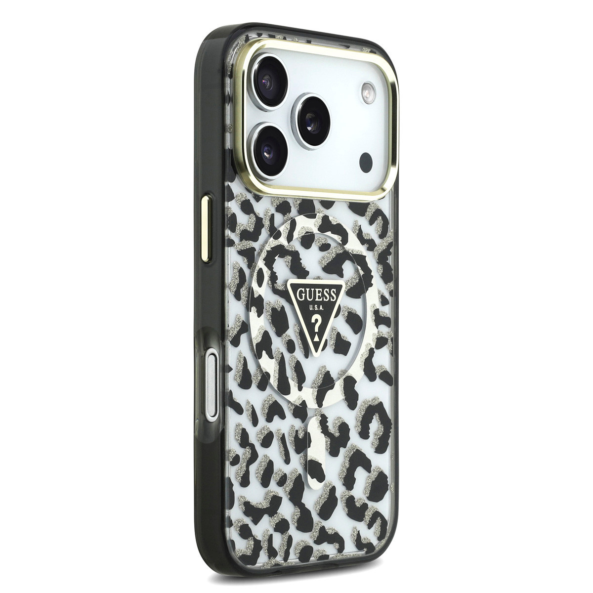 Guess Guess iPhone 18 Pro Backcover hoesje - HC Magsafe IML Leopard Glitter Triangle Logo - Zwart, foto 4 van 6