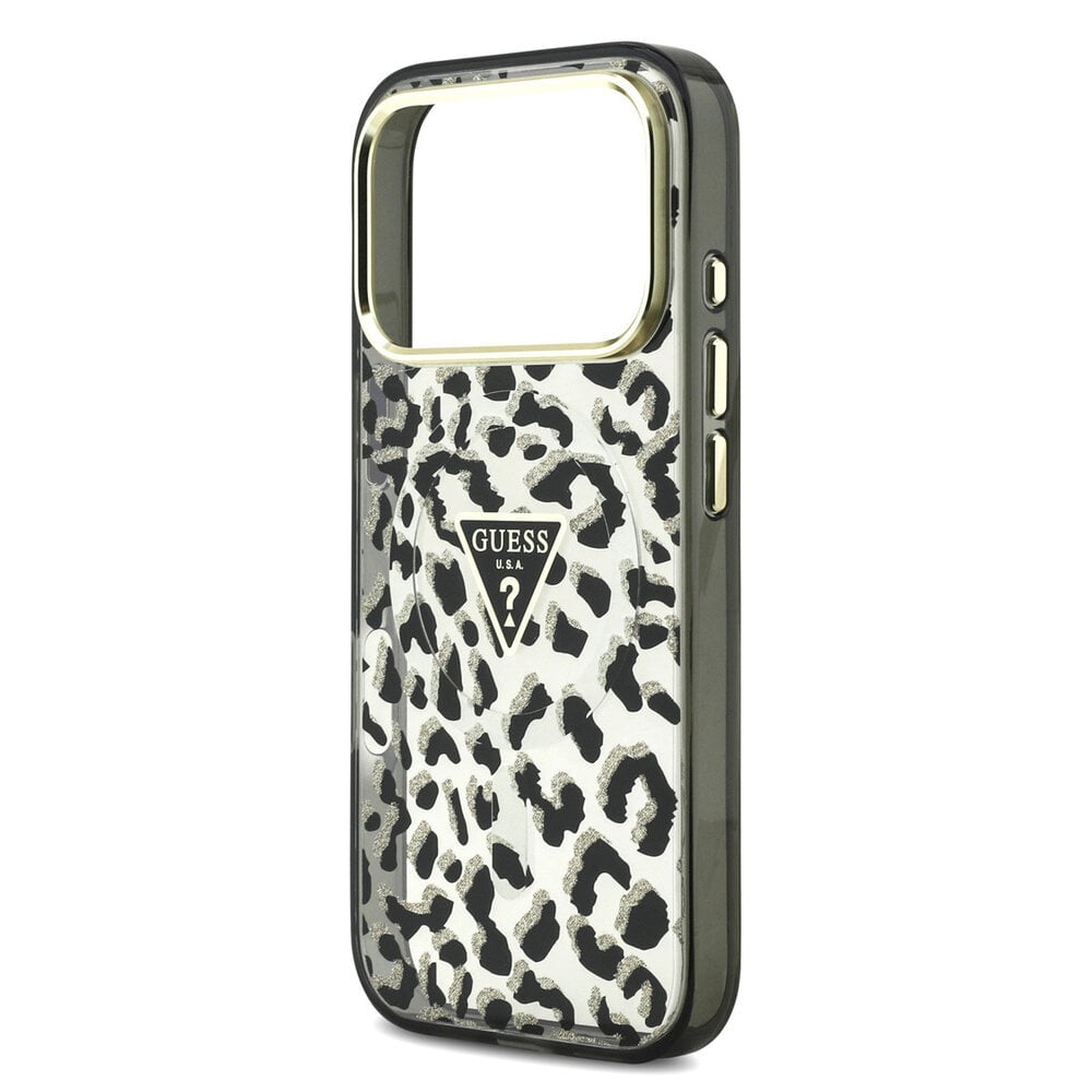 Guess Guess iPhone 18 Pro Back cover case - HC Magsafe IML Leopard Glitter Triangle Logo - Black Guess Guess iPhone 18 Pro Back cover case - HC Magsafe IML Leopard Glitter Triangle Logo - Black