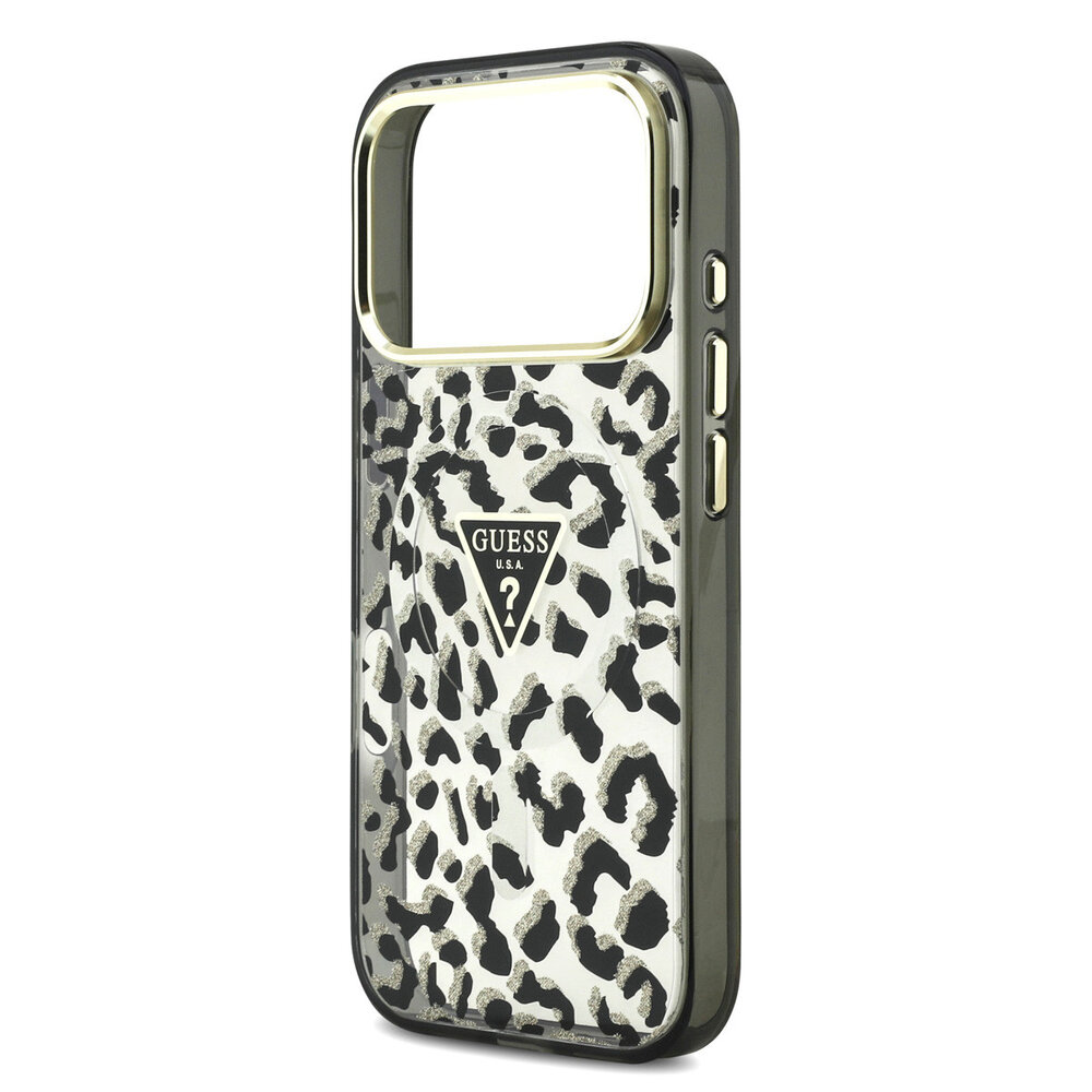 Guess Guess iPhone 18 Pro Back cover coque - HC Magsafe IML Leopard Glitter Triangle Logo - Noir Guess Guess iPhone 18 Pro Back cover coque - HC Magsafe IML Leopard Glitter Triangle Logo - Noir