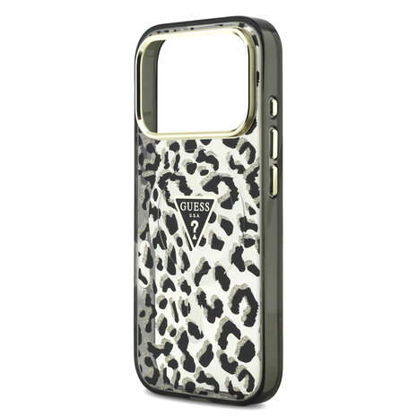Guess Guess iPhone 18 Pro Backcover hoesje - HC Magsafe IML Leopard Glitter Triangle Logo - Zwart Guess Guess iPhone 18 Pro Backcover hoesje - HC Magsafe IML Leopard Glitter Triangle Logo - Zwart