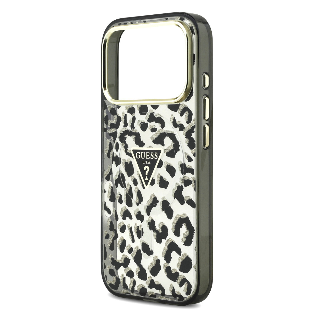 Guess Guess iPhone 18 Pro Backcover hoesje - HC Magsafe IML Leopard Glitter Triangle Logo - Zwart, foto 6 van 6