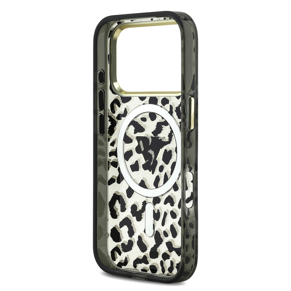 Guess Guess iPhone 18 Pro Back cover case - HC Magsafe IML Leopard Glitter Triangle Logo - Black Guess Guess iPhone 18 Pro Back cover case - HC Magsafe IML Leopard Glitter Triangle Logo - Black