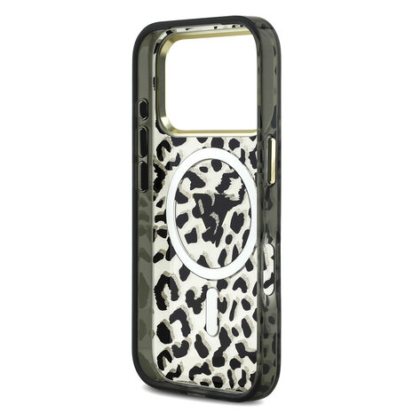 Guess Guess iPhone 18 Pro Backcover hoesje - HC Magsafe IML Leopard Glitter Triangle Logo - Zwart Guess Guess iPhone 18 Pro Backcover hoesje - HC Magsafe IML Leopard Glitter Triangle Logo - Zwart