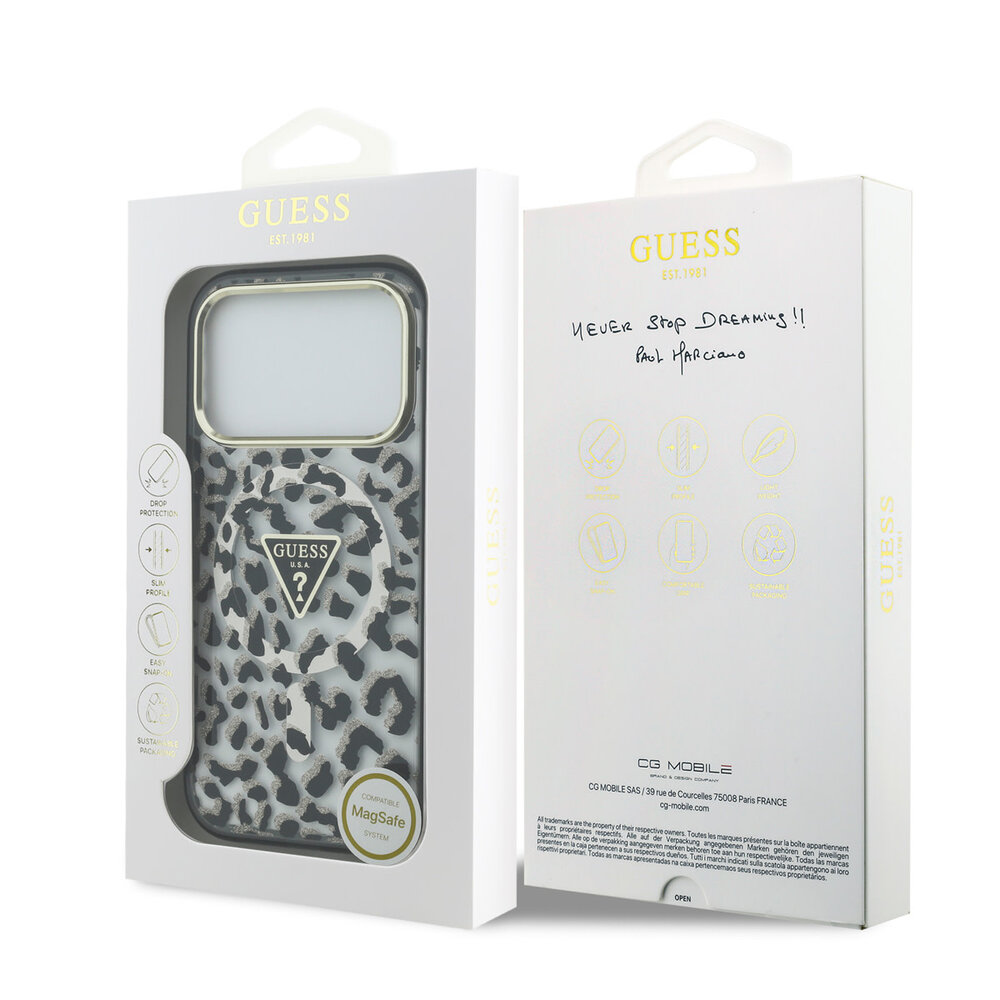 Guess Guess iPhone 18 Pro Back-Cover hul - HC Magsafe IML Leopard Glitter Triangle Logo - Schwarz Guess Guess iPhone 18 Pro Back-Cover hul - HC Magsafe IML Leopard Glitter Triangle Logo - Schwarz