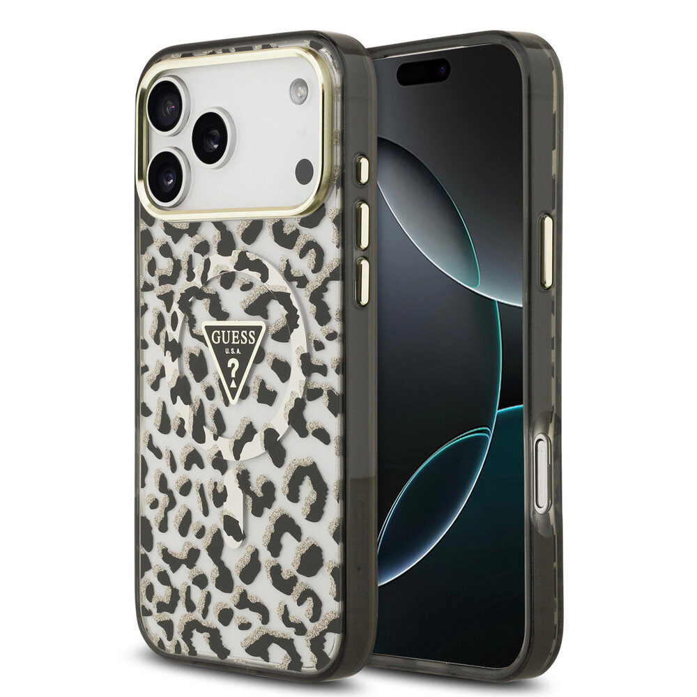 Guess Guess iPhone 18 Pro Max Back cover case - HC Magsafe IML Leopard Glitter Triangle Logo - Black Guess Guess iPhone 18 Pro Max Back cover case - HC Magsafe IML Leopard Glitter Triangle Logo - Black