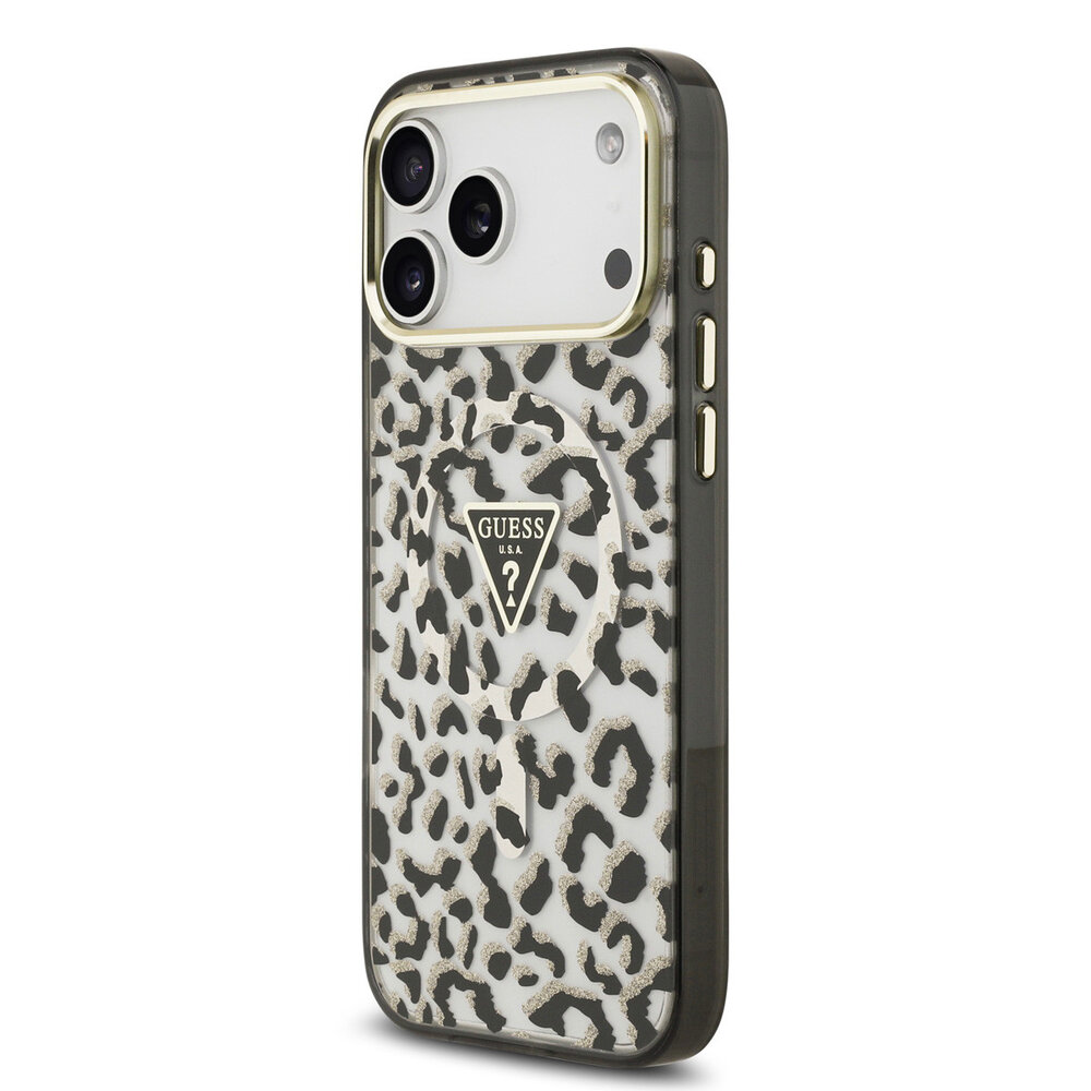 Guess Guess iPhone 18 Pro Max Back-Cover hul - HC Magsafe IML Leopard Glitter Triangle Logo - Schwarz