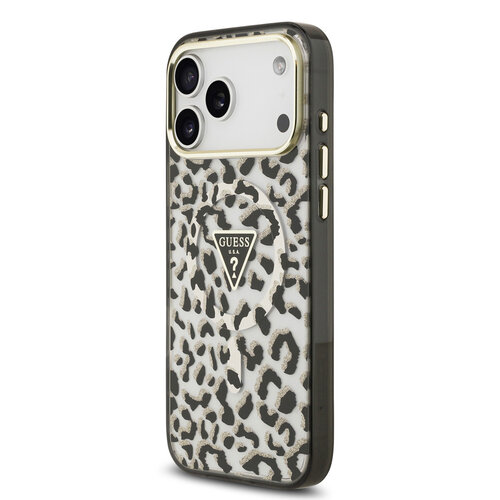 Guess Guess iPhone 18 Pro Max/iPhone 17 Pro Max Coque rigide MagSafe IML Motif léopard Paillettes Logo triangulaire - Noir