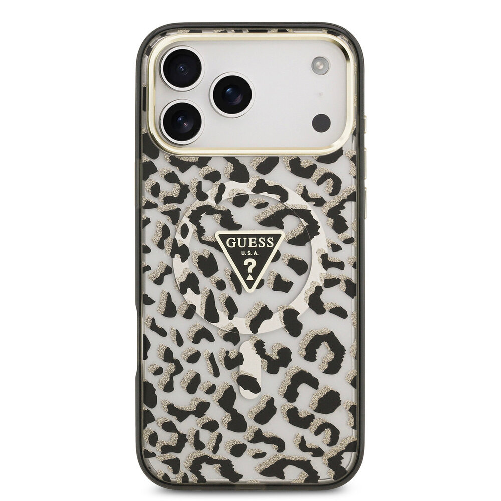 Guess Guess iPhone 18 Pro Max Backcover hoesje - HC Magsafe IML Leopard Glitter Triangle Logo - Zwart Guess Guess iPhone 18 Pro Max Backcover hoesje - HC Magsafe IML Leopard Glitter Triangle Logo - Zwart