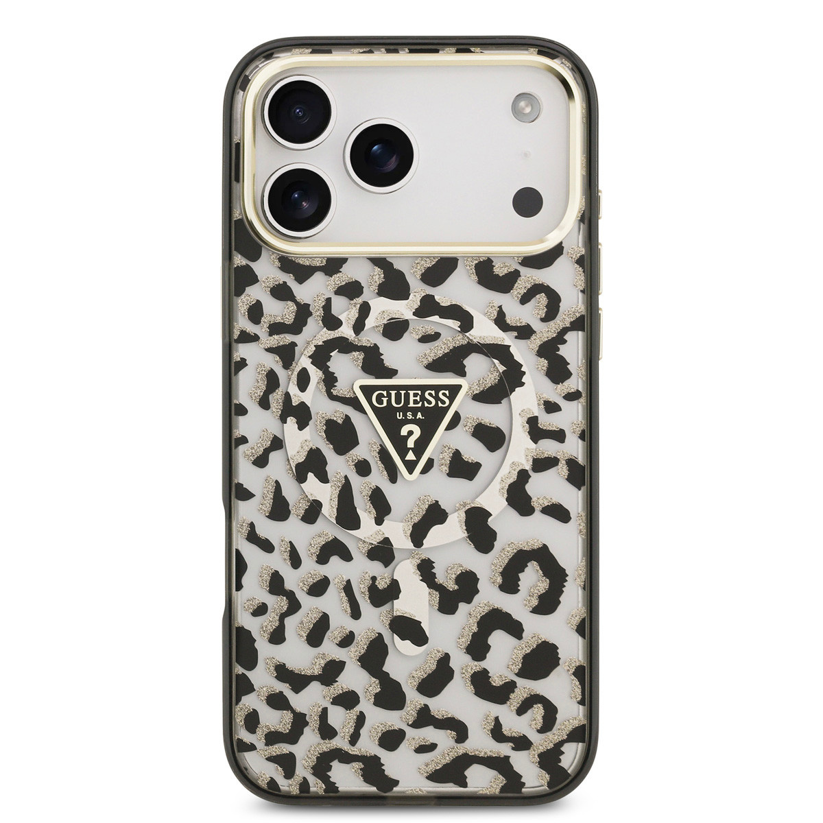 Guess Guess iPhone 18 Pro Max Backcover hoesje - HC Magsafe IML Leopard Glitter Triangle Logo - Zwart, foto 3 van 6