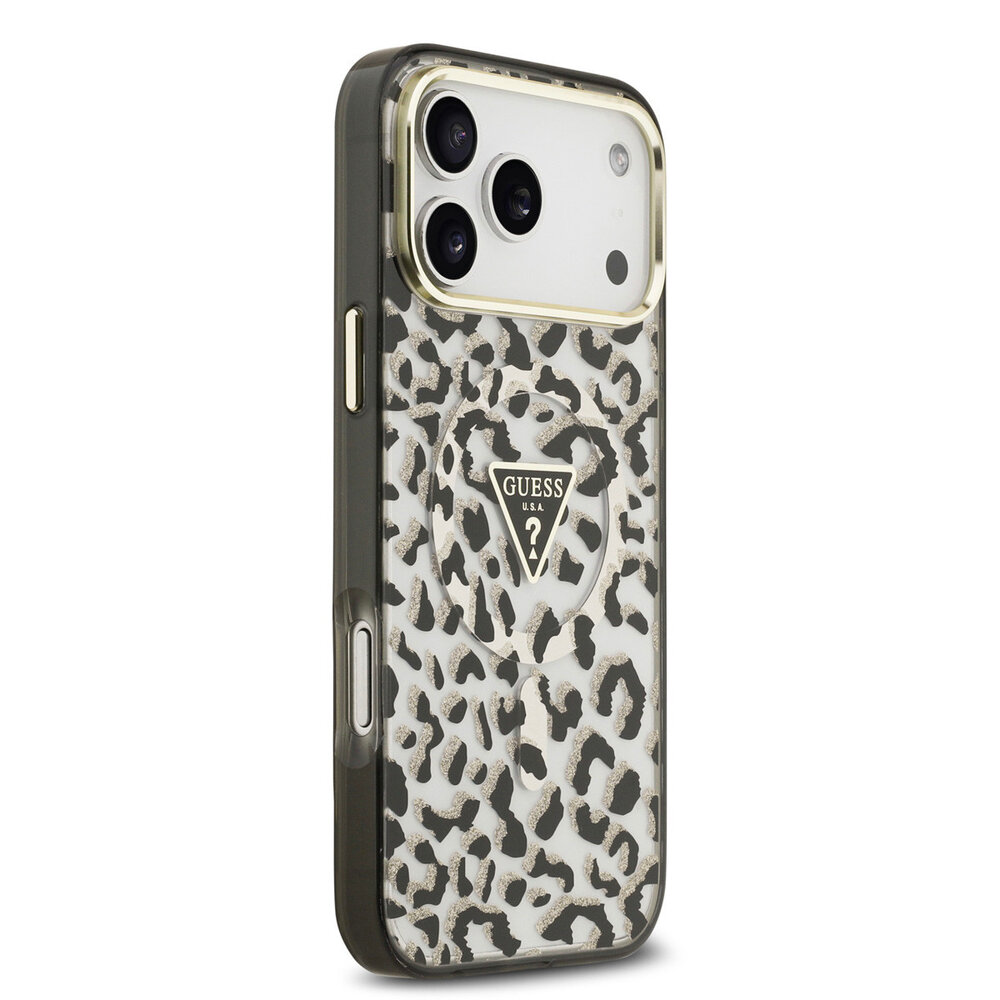 Guess Guess iPhone 18 Pro Max Back cover case - HC Magsafe IML Leopard Glitter Triangle Logo - Black Guess Guess iPhone 18 Pro Max Back cover case - HC Magsafe IML Leopard Glitter Triangle Logo - Black