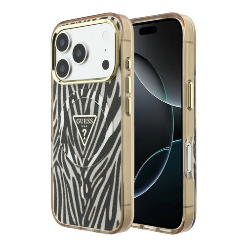 Guess Guess iPhone 18 Pro Max/iPhone 17 Pro Max Hartschalenhülle MagSafe IML Zebramuster Glitzer Dreieckiges Logo - Gold