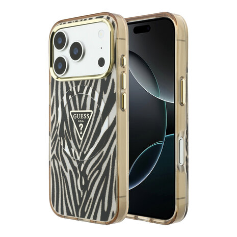 Guess Guess iPhone 18 Pro Max Back cover case - HC Magsafe IML Zebra Glitter Triangle Logo - Gold Guess Guess iPhone 18 Pro Max Back cover case - HC Magsafe IML Zebra Glitter Triangle Logo - Gold