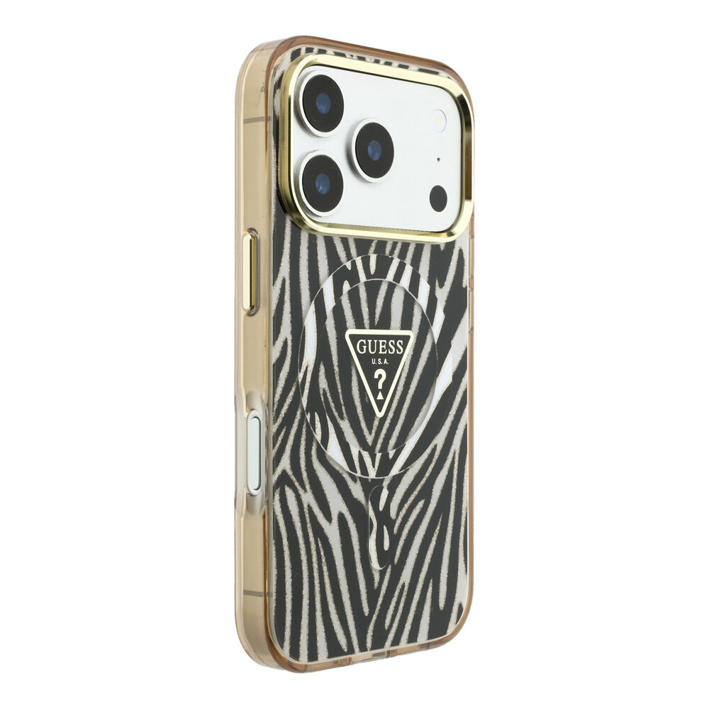 Guess Guess iPhone 18 Pro Max Back cover case - HC Magsafe IML Zebra Glitter Triangle Logo - Gold Guess Guess iPhone 18 Pro Max Back cover case - HC Magsafe IML Zebra Glitter Triangle Logo - Gold
