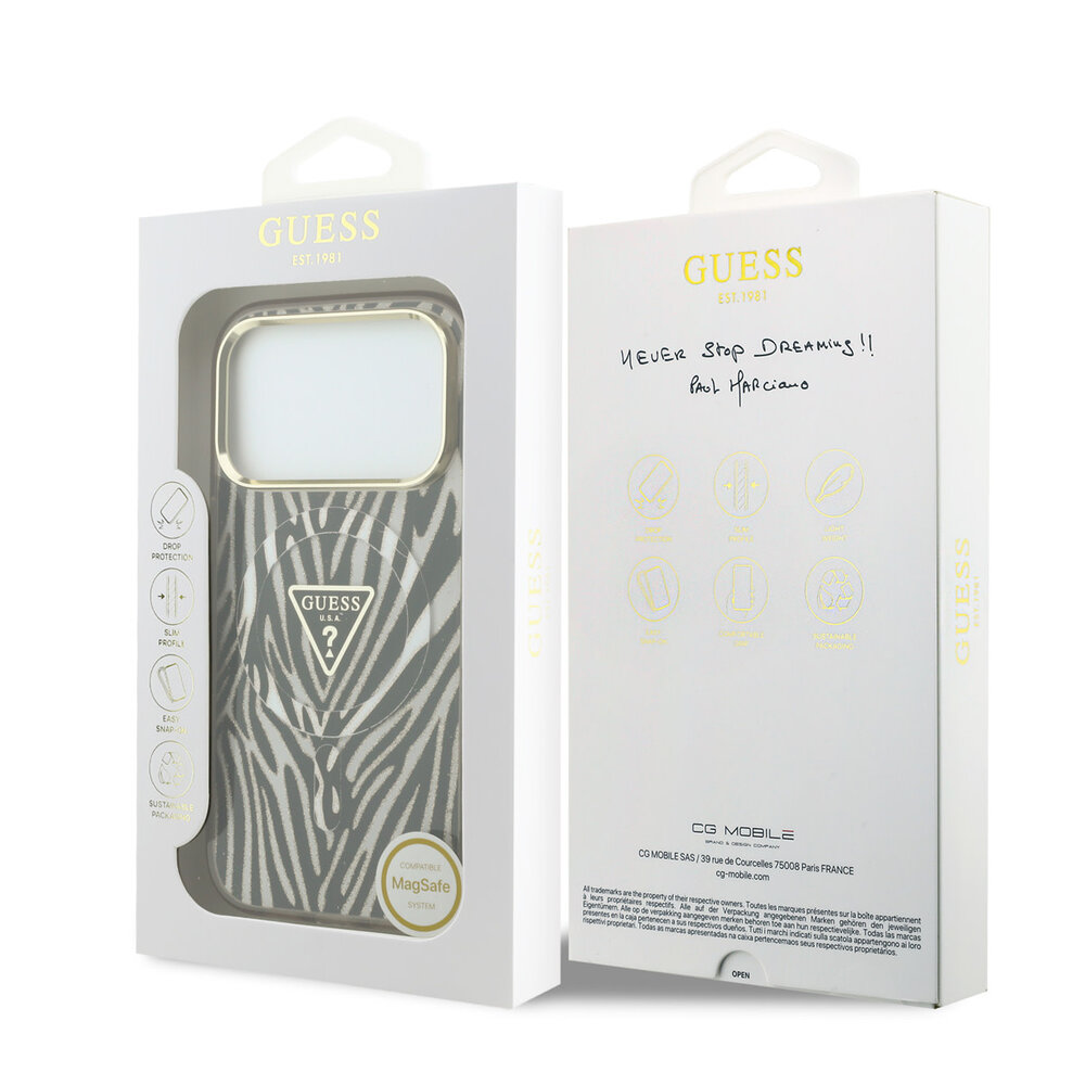 Guess Guess iPhone 18 Pro Max Back cover case - HC Magsafe IML Zebra Glitter Triangle Logo - Gold Guess Guess iPhone 18 Pro Max Back cover case - HC Magsafe IML Zebra Glitter Triangle Logo - Gold