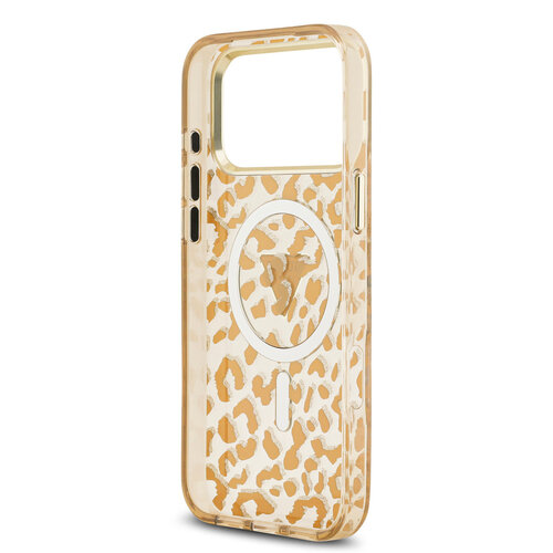 Guess Guess iPhone 18 Pro/iPhone 17 Pro Hardcasehoesje MagSafe IML Luipaardpatroon Glitter Driehoek - Bruin