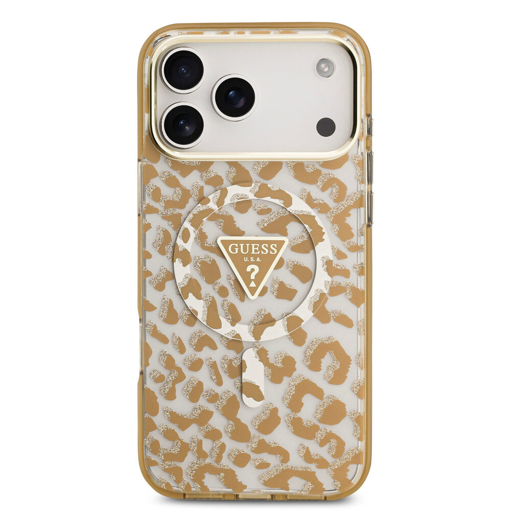 Guess Guess iPhone 18 Pro Max Back cover case - HC Magsafe IML Leopard Glitter Triangle - Brown Guess Guess iPhone 18 Pro Max Back cover case - HC Magsafe IML Leopard Glitter Triangle - Brown