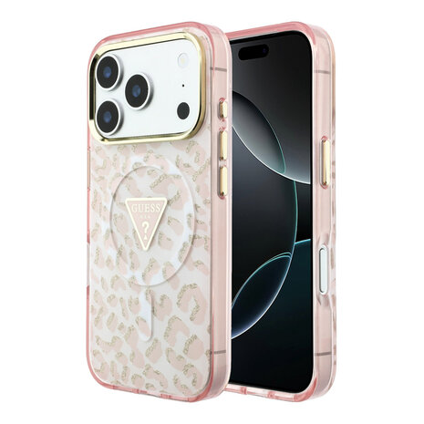 Guess Guess iPhone 18 Pro Back-Cover hul - HC Magsafe IML Leopard Glitter Triangle Logo - Rosa Guess Guess iPhone 18 Pro Back-Cover hul - HC Magsafe IML Leopard Glitter Triangle Logo - Rosa