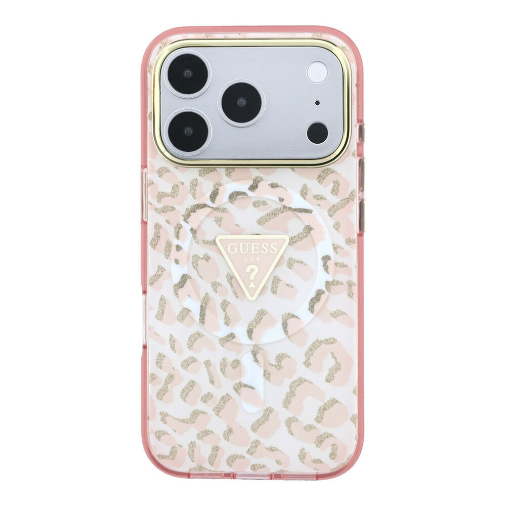 Guess Guess iPhone 18 Pro Back-Cover hul - HC Magsafe IML Leopard Glitter Triangle Logo - Rosa Guess Guess iPhone 18 Pro Back-Cover hul - HC Magsafe IML Leopard Glitter Triangle Logo - Rosa