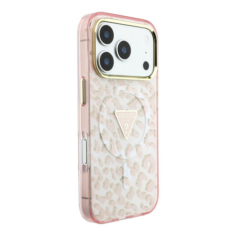 Guess Guess iPhone 18 Pro Back-Cover hul - HC Magsafe IML Leopard Glitter Triangle Logo - Rosa Guess Guess iPhone 18 Pro Back-Cover hul - HC Magsafe IML Leopard Glitter Triangle Logo - Rosa