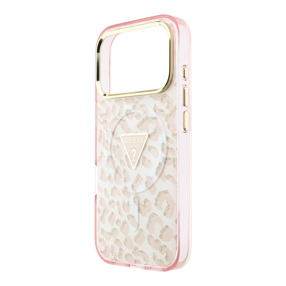 Guess Guess iPhone 18 Pro Back-Cover hul - HC Magsafe IML Leopard Glitter Triangle Logo - Rosa Guess Guess iPhone 18 Pro Back-Cover hul - HC Magsafe IML Leopard Glitter Triangle Logo - Rosa