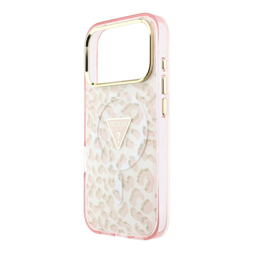 Guess Guess iPhone 18 Pro/iPhone 17 Pro Coque rigide MagSafe IML Motif léopard Paillettes Logo triangulaire - Rose