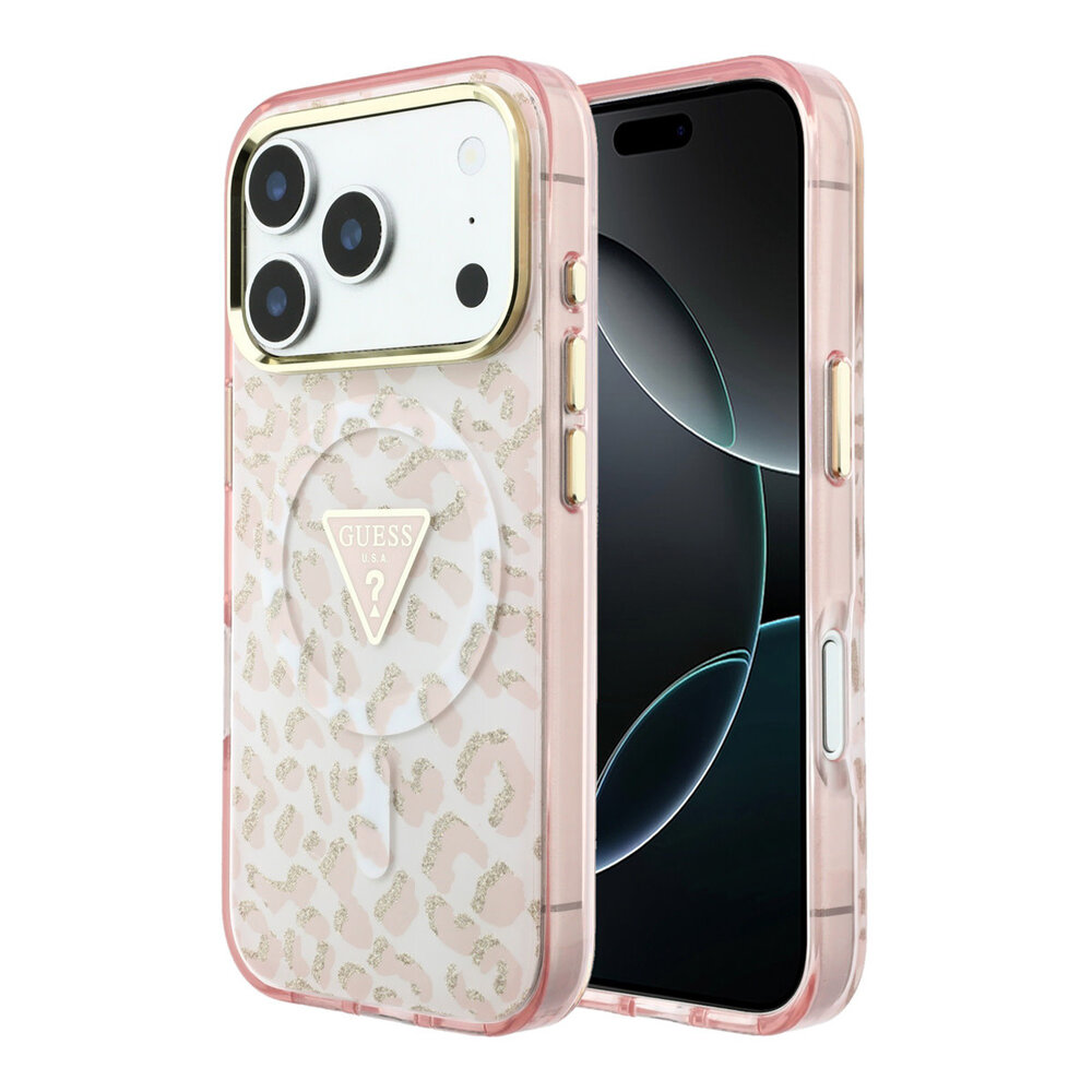 Guess Guess iPhone 18 Pro Max Back cover case - HC Magsafe IML Leopard Glitter Triangle Logo - Pink Guess Guess iPhone 18 Pro Max Back cover case - HC Magsafe IML Leopard Glitter Triangle Logo - Pink