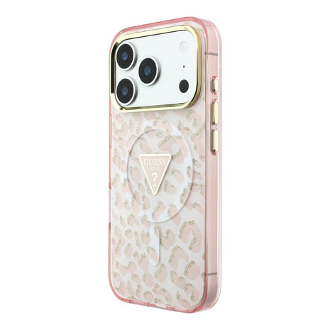 Guess Guess iPhone 18 Pro Max Back-Cover hul - HC Magsafe IML Leopard Glitter Triangle Logo - Rosa Guess Guess iPhone 18 Pro Max Back-Cover hul - HC Magsafe IML Leopard Glitter Triangle Logo - Rosa