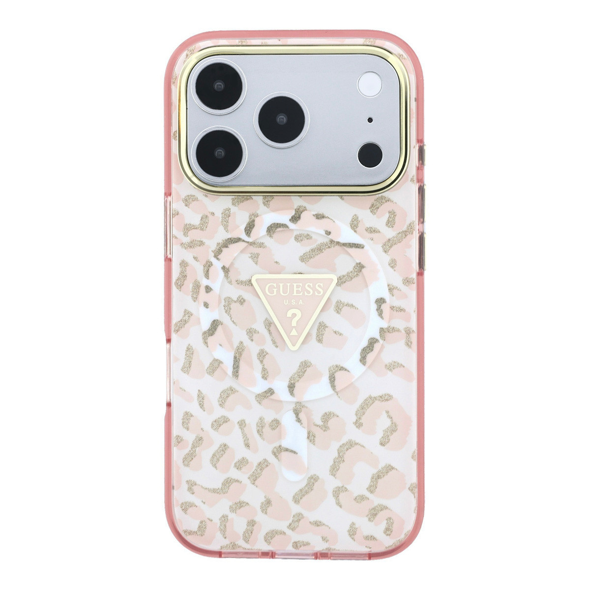 Guess Guess iPhone 18 Pro Max Backcover hoesje - HC Magsafe IML Leopard Glitter Triangle Logo - Roze, foto 3 van 6