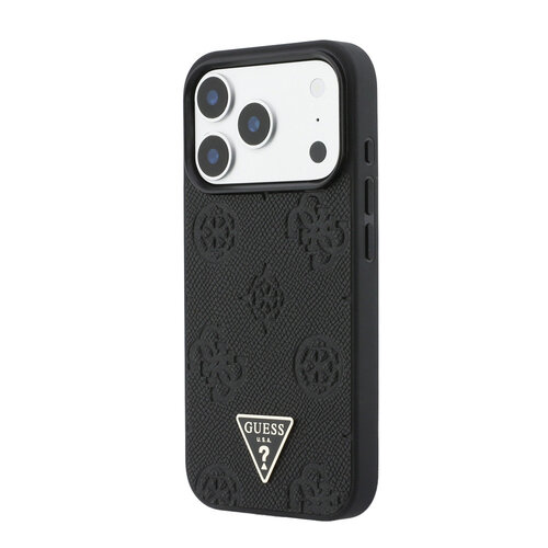 Guess Guess iPhone 17 Pro/iPhone 18 Pro Hartschalenhülle MagSafe genarbtes PU geprägtes Pfingstrosenmotiv dreieckiges Logo - Schwarz