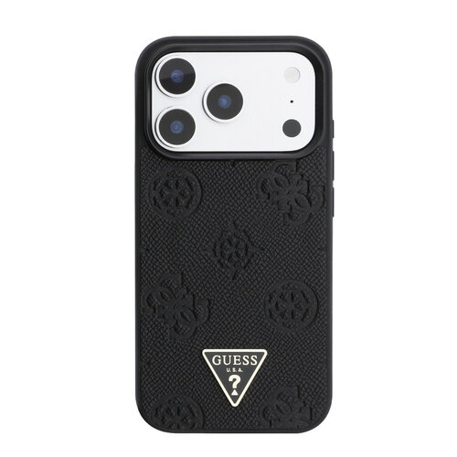 Guess Guess iPhone 17 Pro/iPhone 18 Pro Hartschalenhülle MagSafe genarbtes PU geprägtes Pfingstrosenmotiv dreieckiges Logo - Schwarz