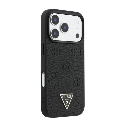 Guess Guess iPhone 17 Pro/iPhone 18 Pro Hartschalenhülle MagSafe genarbtes PU geprägtes Pfingstrosenmotiv dreieckiges Logo - Schwarz