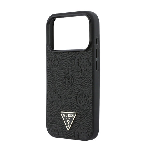 Guess Guess iPhone 17 Pro/iPhone 18 Pro Hartschalenhülle MagSafe genarbtes PU geprägtes Pfingstrosenmotiv dreieckiges Logo - Schwarz