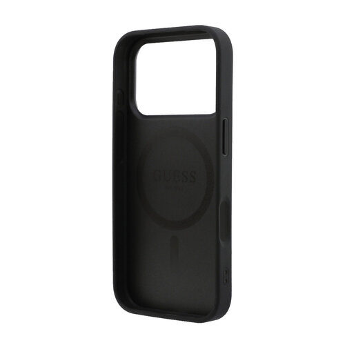 Guess Guess iPhone 17 Pro/iPhone 18 Pro Hartschalenhülle MagSafe genarbtes PU geprägtes Pfingstrosenmotiv dreieckiges Logo - Schwarz