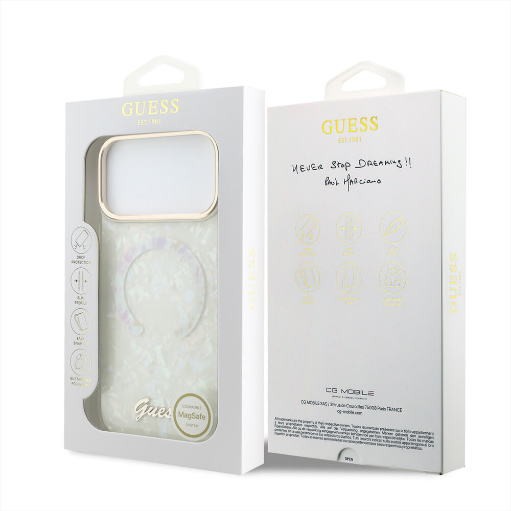 Guess Guess iPhone 17 Pro Max Back cover coque - HC Magsafe IML Shell Script Metal - Blanc Guess Guess iPhone 17 Pro Max Back cover coque - HC Magsafe IML Shell Script Metal - Blanc