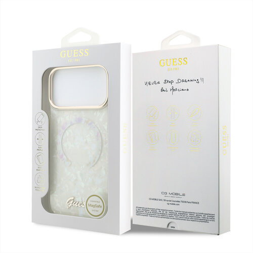 Guess Guess iPhone 17 Pro Max/iPhone 18 Pro Max Hartschalenhülle MagSafe IML Muschelmuster Schriftlogo aus Metall - Weiß