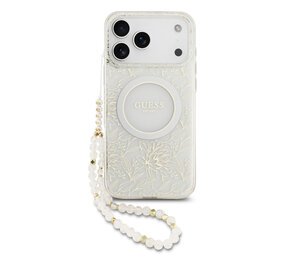 Guess Guess iPhone 17 Pro Max Back cover case - HC Magsafe IML Flowers Allover Electroplated With Pearl Strap - White Guess Guess iPhone 17 Pro Max Back cover case - HC Magsafe IML Flowers Allover Electroplated With Pearl Strap - White