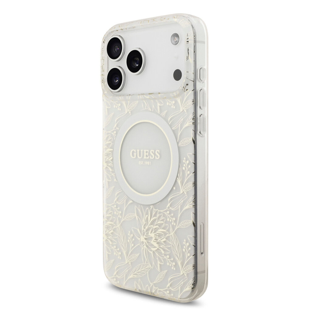 Guess Guess iPhone 17 Pro Max Back cover case - HC Magsafe IML Flowers Allover Electroplated With Pearl Strap - White