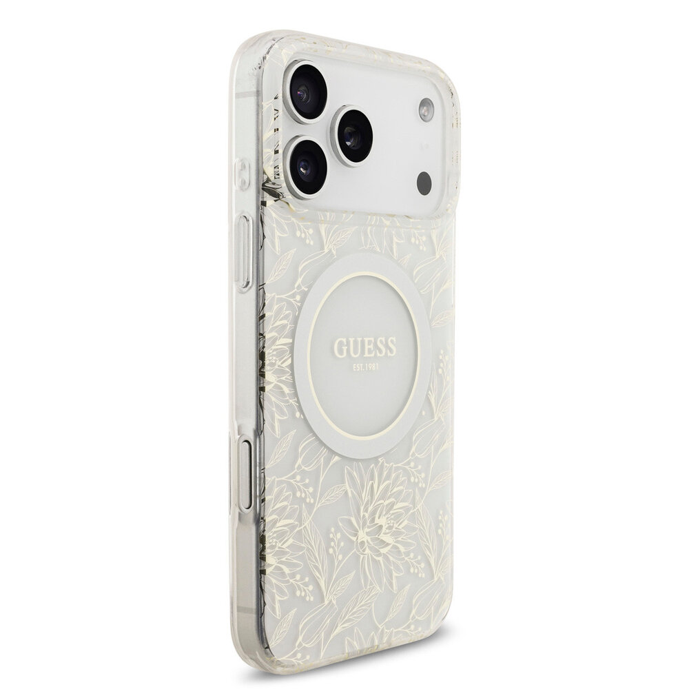 Guess Guess iPhone 17 Pro Max Back cover case - HC Magsafe IML Flowers Allover Electroplated With Pearl Strap - White