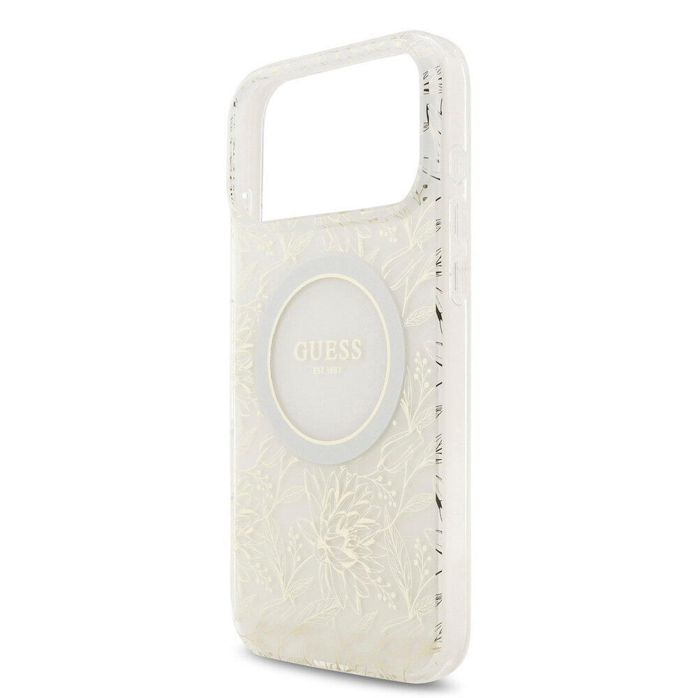 Guess Guess iPhone 17 Pro Max Back cover case - HC Magsafe IML Flowers Allover Electroplated With Pearl Strap - White