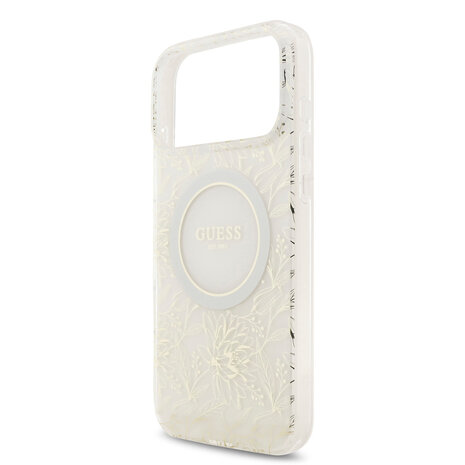 Guess Guess iPhone 17 Pro Max Back cover coque - HC Magsafe IML Flowers Allover Electroplated With Pearl Strap - Blanc Guess Guess iPhone 17 Pro Max Back cover coque - HC Magsafe IML Flowers Allover Electroplated With Pearl Strap - Blanc