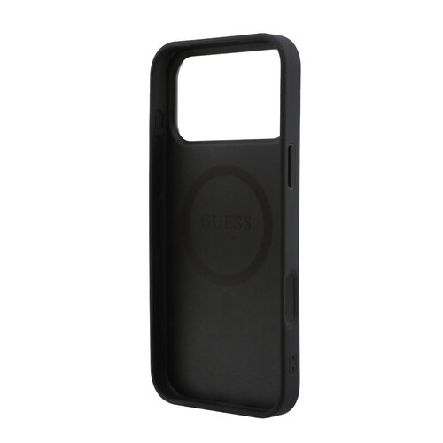 Guess Guess iPhone 17 Pro Max/iPhone 18 Pro Max Hartschalenhülle MagSafe genarbtes PU geprägtes Pfingstrosenmotiv dreieckiges Logo - Schwarz